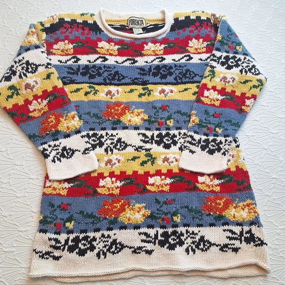 Forenza Vintage 80s Knit Sweater Women’s Size M Chunky Floral Ramie & Cotton HT - Picture 1 of 6